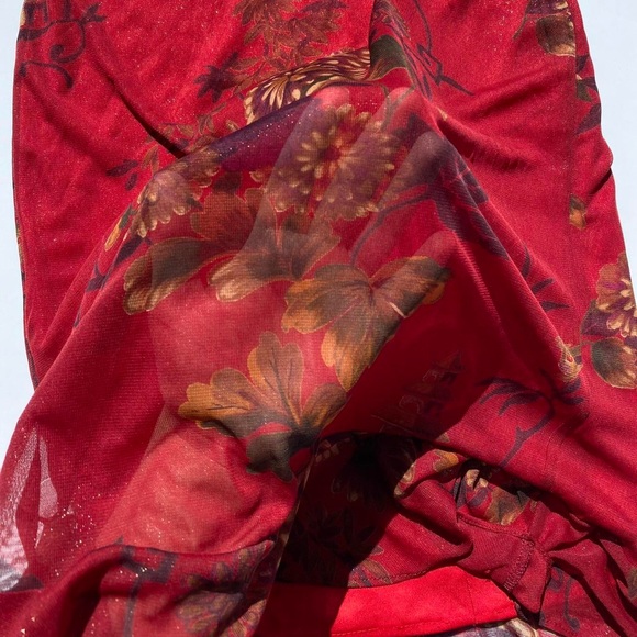 Vintage 90s Red Floral Off Shoulder Dress Women's Small Wedding Spring Summer - Picture 2 of 8